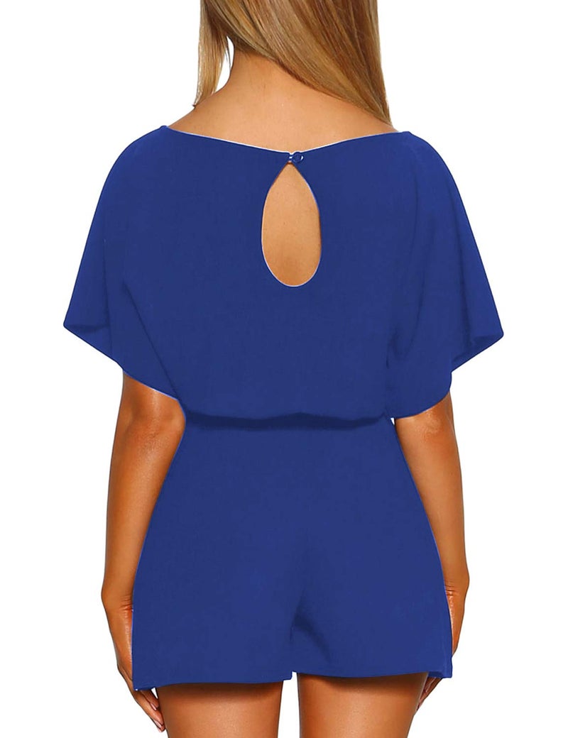 Vetinee Womens Royal Blue Summer Casual Belted Romper Keyhole Back Short Sleeve Jumpsuit Playsuit X-Large - Image 2